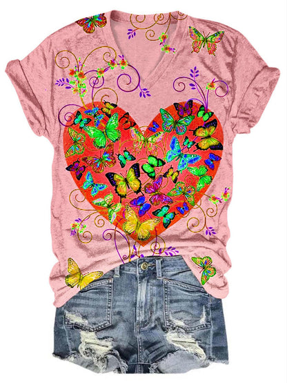 Butterfly Heart Print Casual V Neck T-Shirt