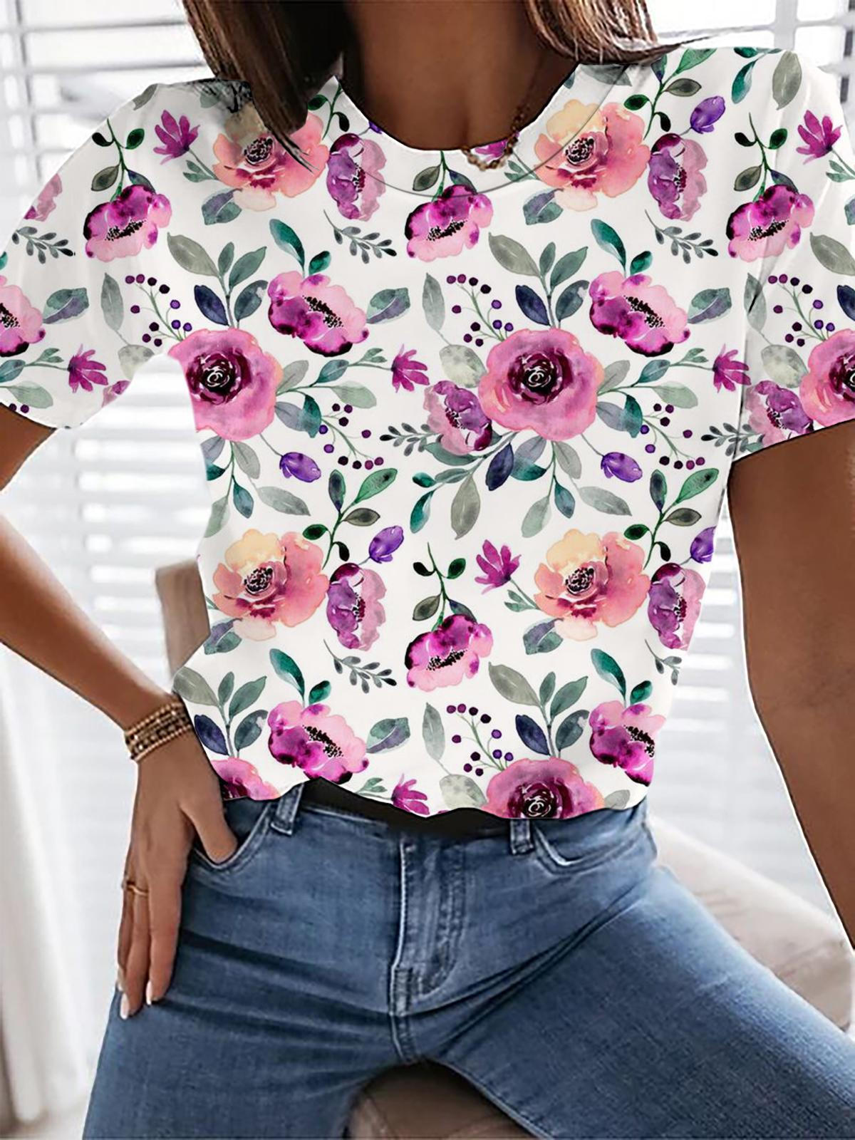 Watercolor Purple Flowers Crew Neck T-shirt