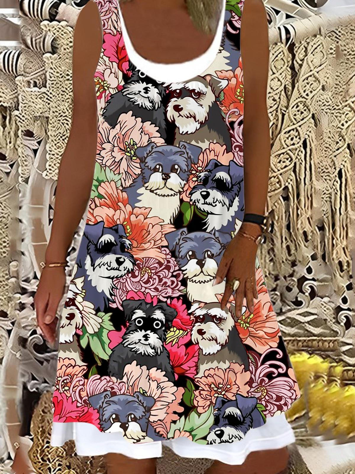 Schnauzer Dog Flower Ladies False Two Dress