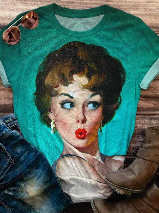 Vintage Cute Lady Crew Neck T-shirt