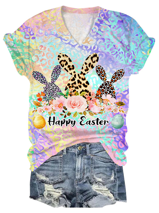 Happy Easter Bunny Leopard Print V-Neck Short Sleeve T-Shirt