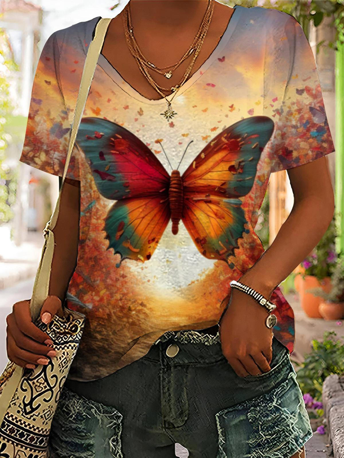 Women's Butterfly Print V-Neck Short Sleeve T-Shirt