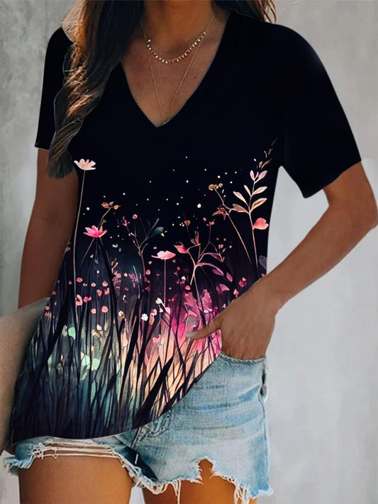 Women's Floral V-Neck Short Sleeve T-Shirt