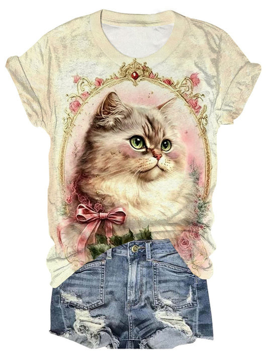 Women's Retro Cat Short Sleeve Round Neck T-Shirt