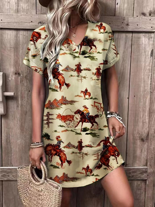 Vintage Western Print Casual Dress