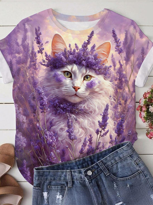 Lavender Cat Print Crew Neck T-shirt