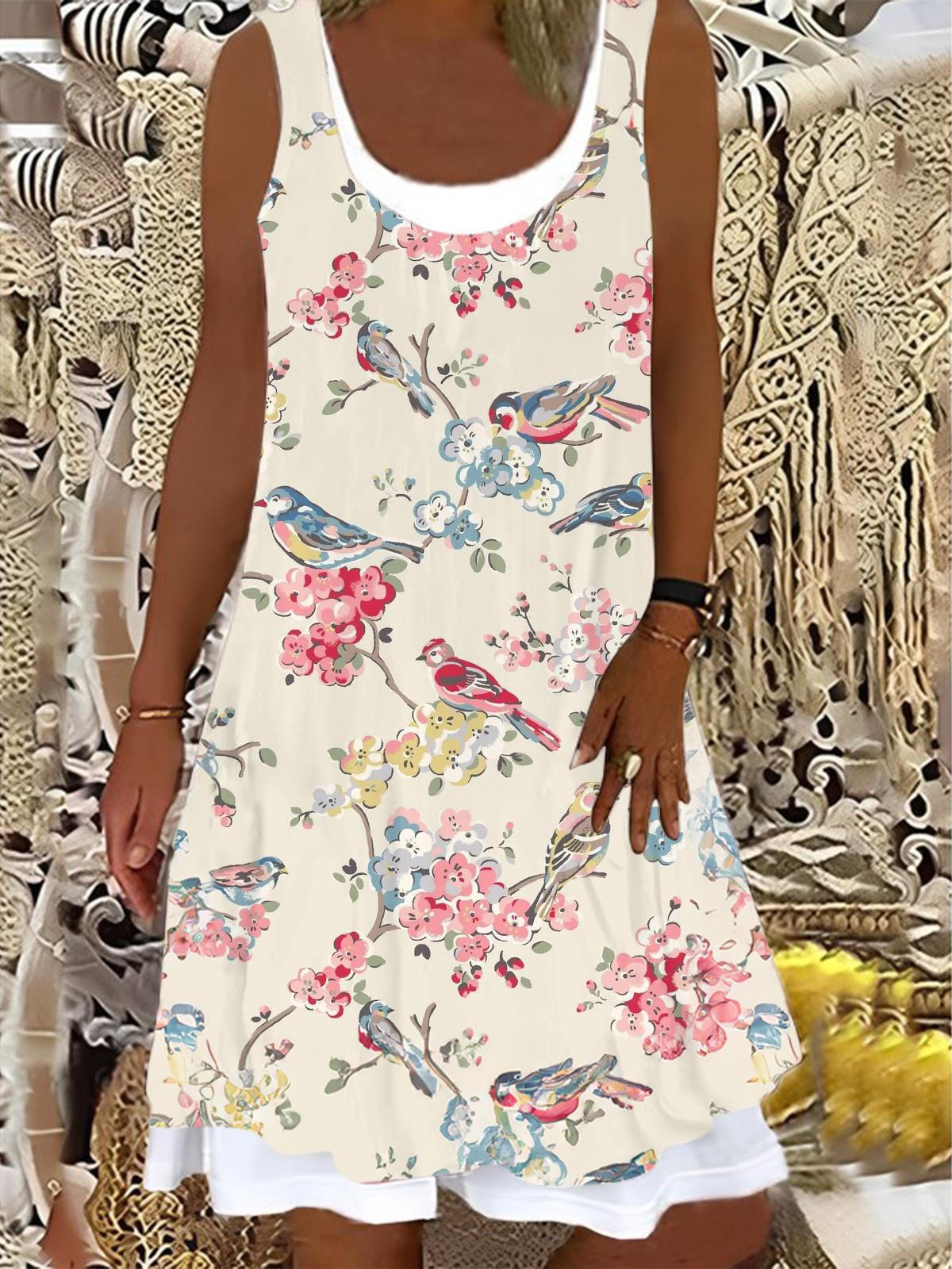 Ladies Bird And Flower Print False Two Dress