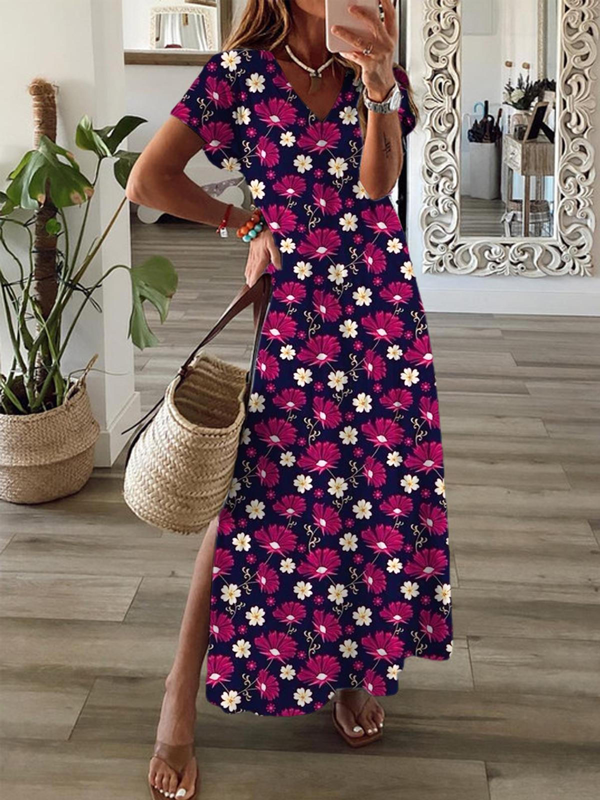 Purple Daisy Short Sleeve V Neck Maxi Dress