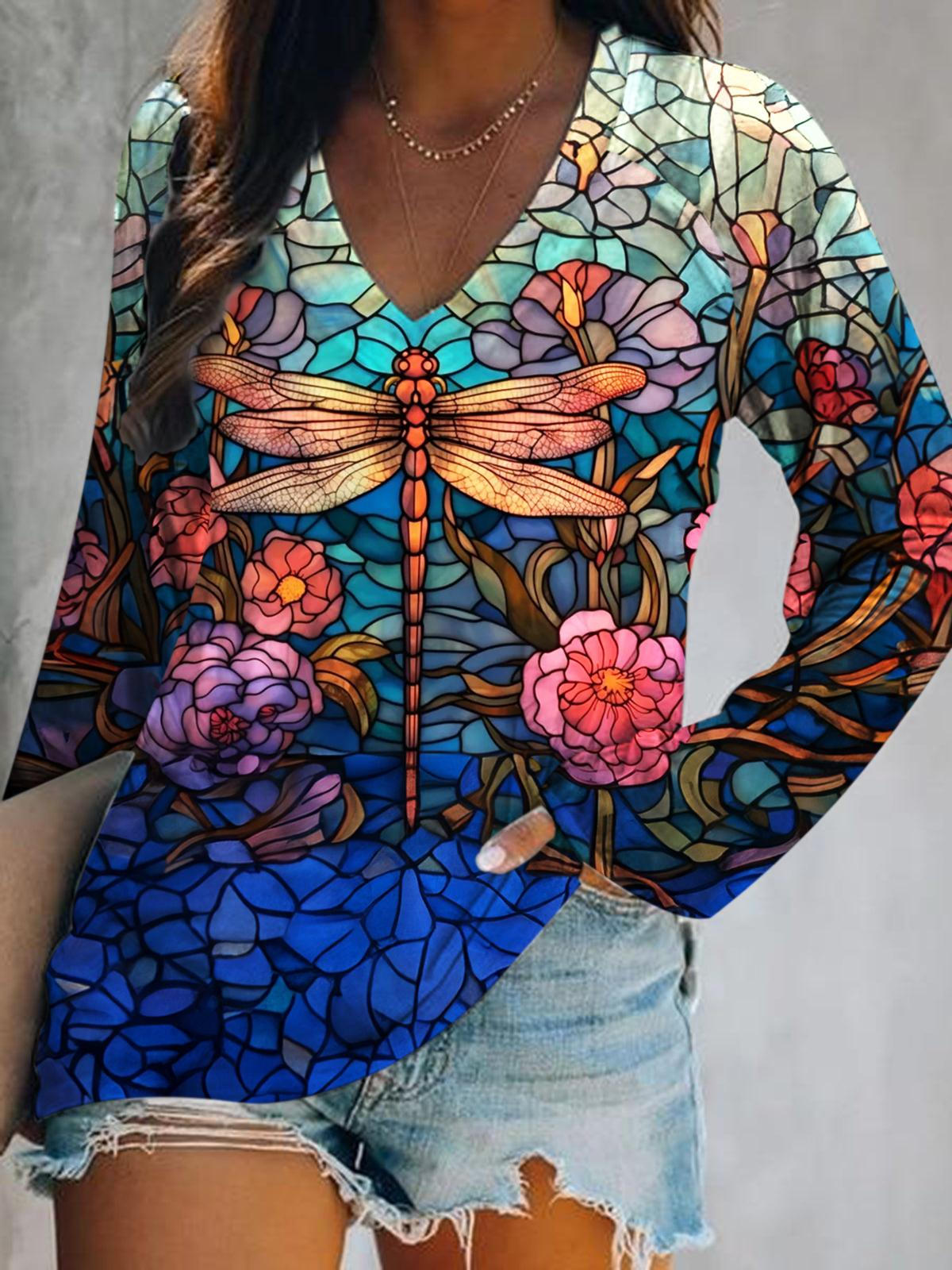 Dragonfly Print V-Neck Long Sleeve Top