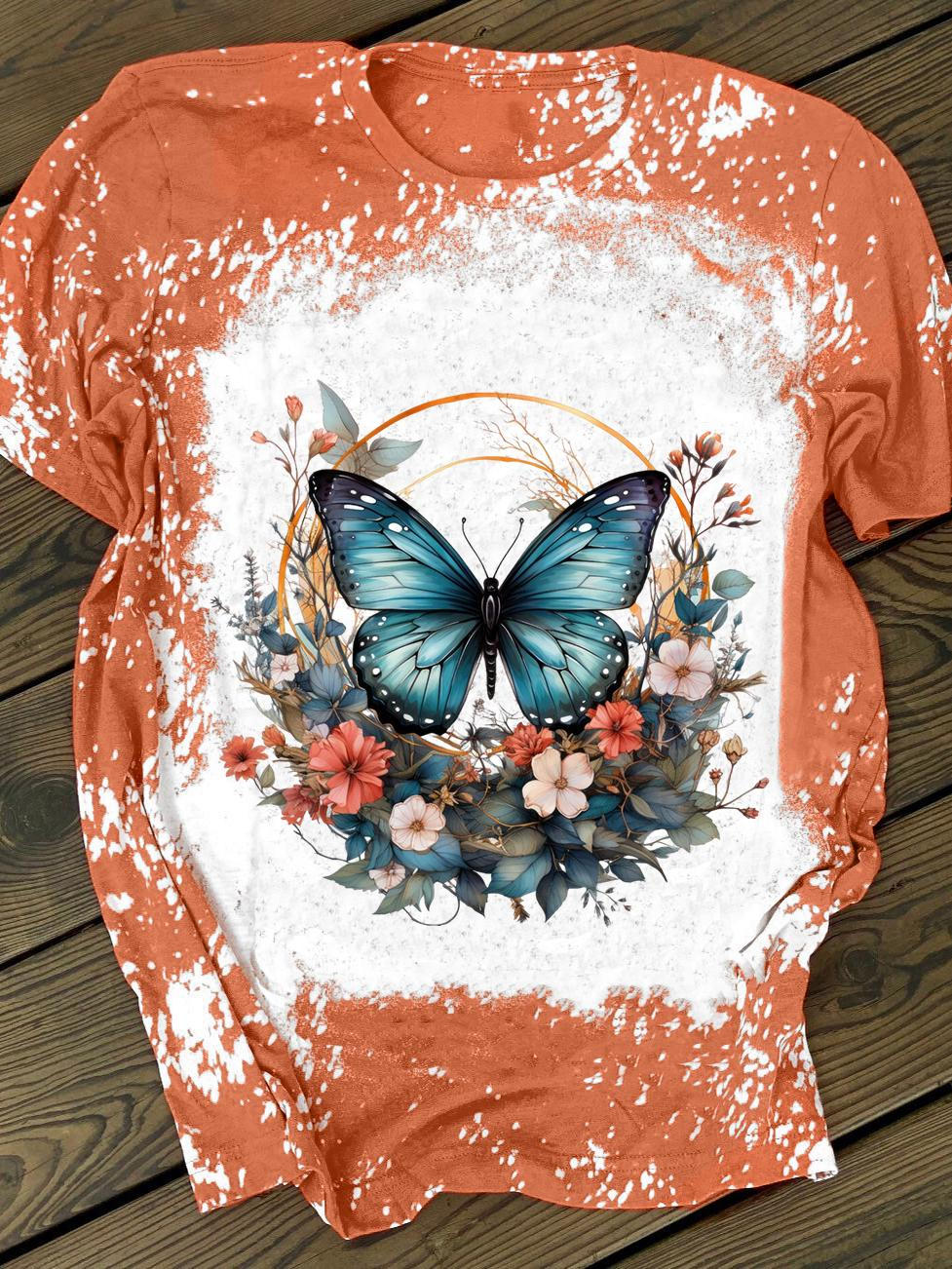 Boho Floral Butterfly Print Crew Neck T-shirt