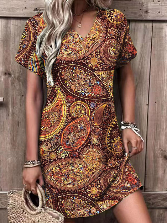 Retro Print V-Neck Dress