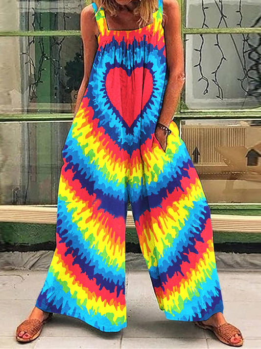 Women's Tie Dye Heart Print Casual Jumpsuit