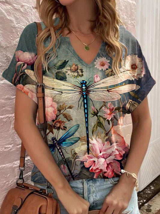 Women's Dragonfly Floral Print V-Neck Top