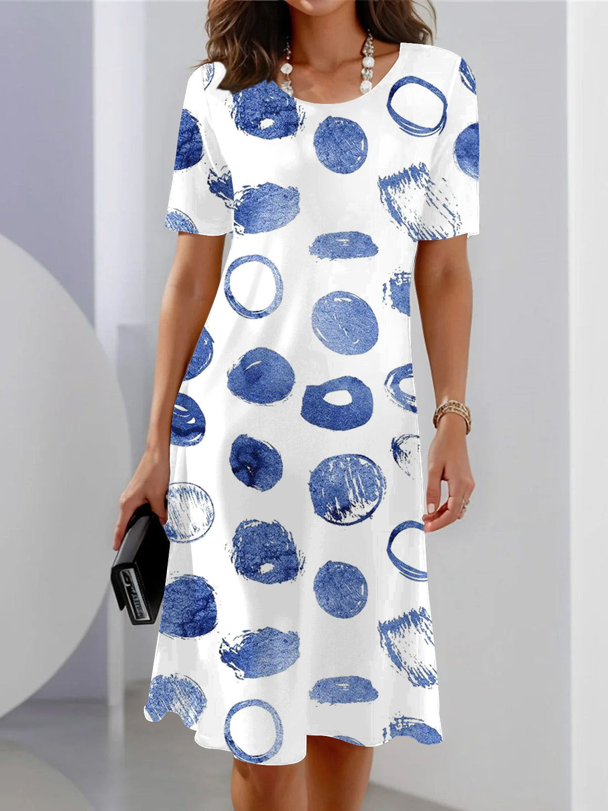 Polka Dot Print Short Sleeve Crew Neck Dress