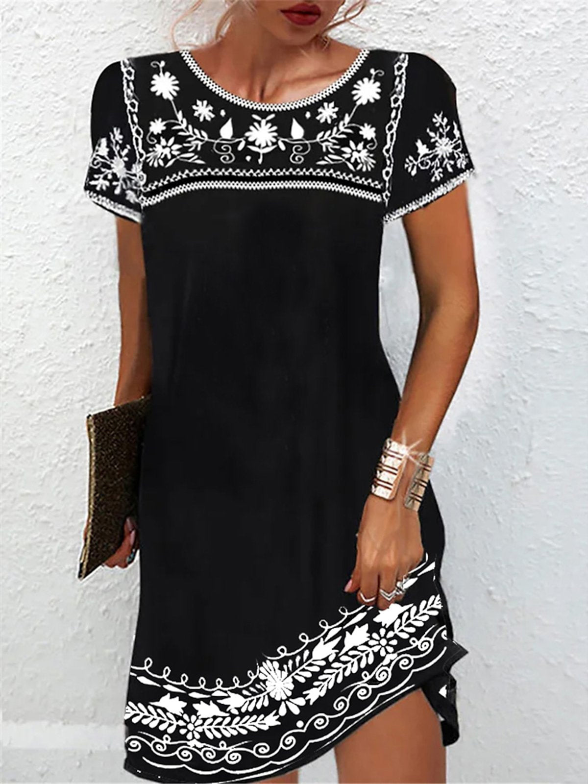 Floral Short Sleeve Crew Neck Dress