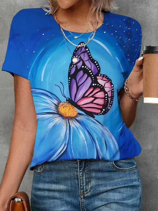 Butterfly And Flower Print Crew Neck T-shirt