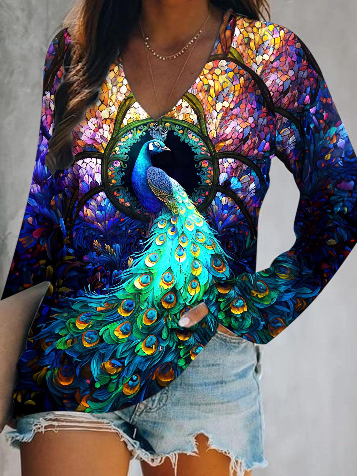 Women's Peacock Print V-Neck Top