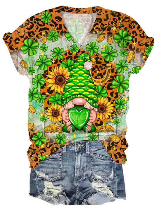 Sunflower St. Patrick Gnome V-Neck T-Shirt