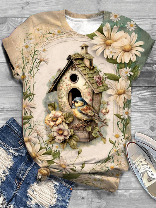 Retro Floral Bird Print Crew Neck T-shirt