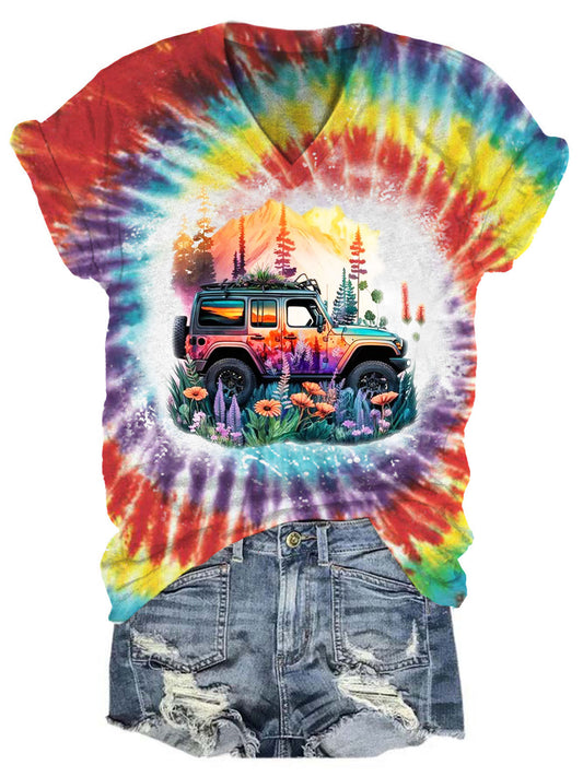 Women's Trucker Tie Dye Print V Neck Top