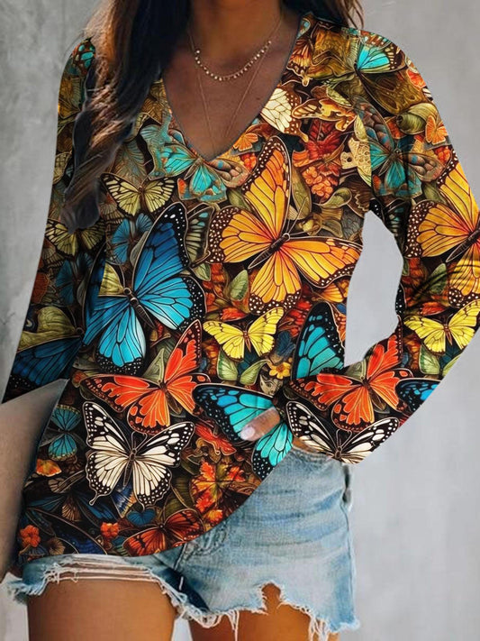 Women's Vintage Butterfly Print Long Sleeve Top