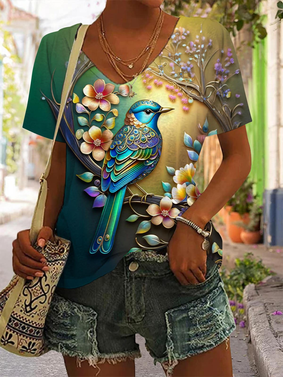 Bird Flower V-Neck T-Shirt