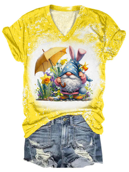 Easter Umbrella Gnome V-Neck Tie Dye T-Shirt