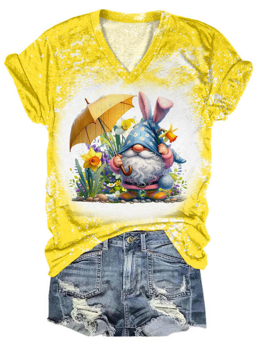 Easter Umbrella Gnome V-Neck Tie Dye T-Shirt