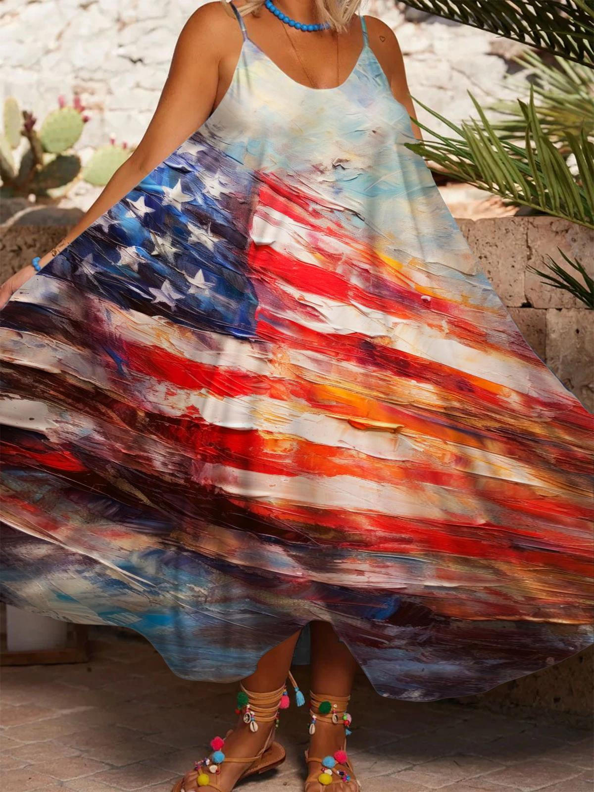 Vintage USA Flag Printed Casual Spaghetti Strap Dress