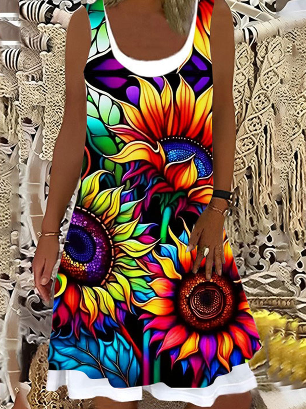 Colorful Sunflower Print Splicing Dress