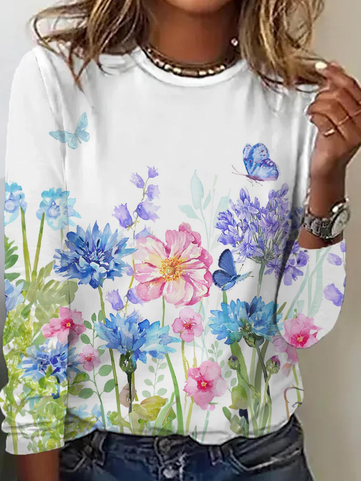 Floral Butterfly Printed Long Sleeve Top