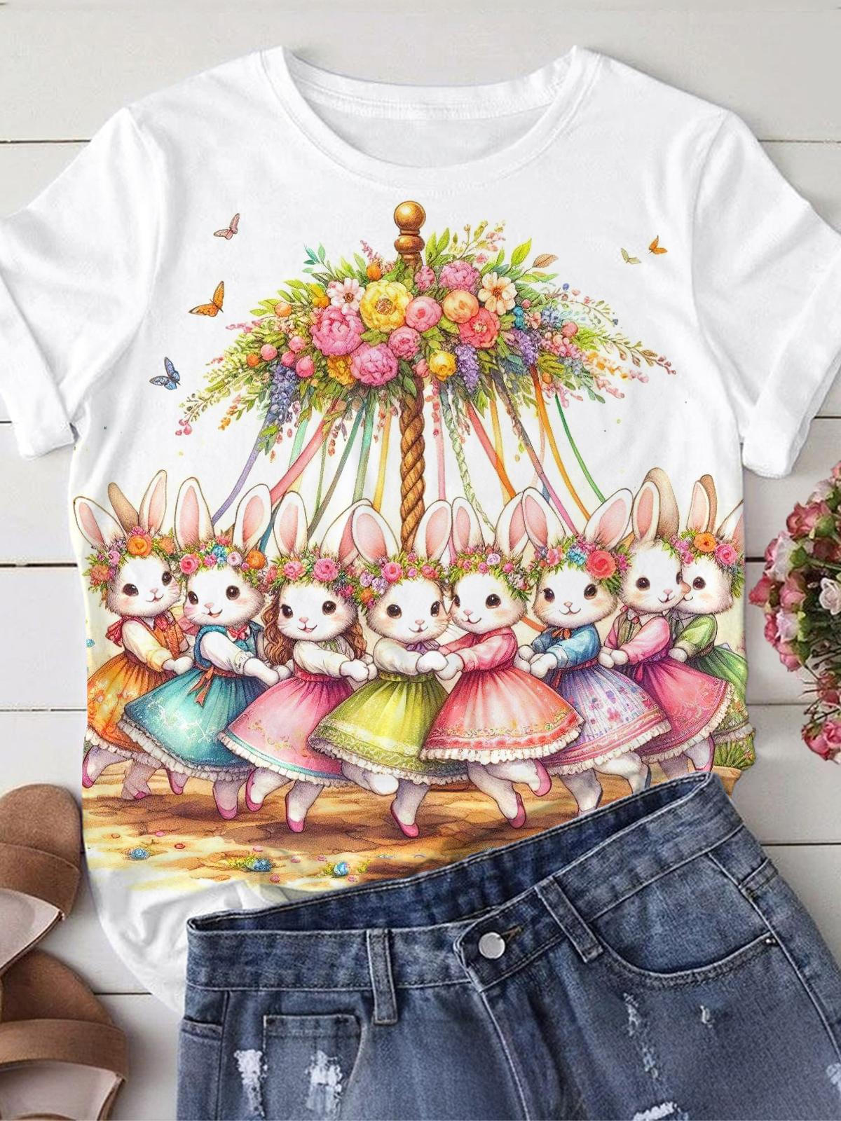 Easter Bunny Print Crew Neck T-shirt