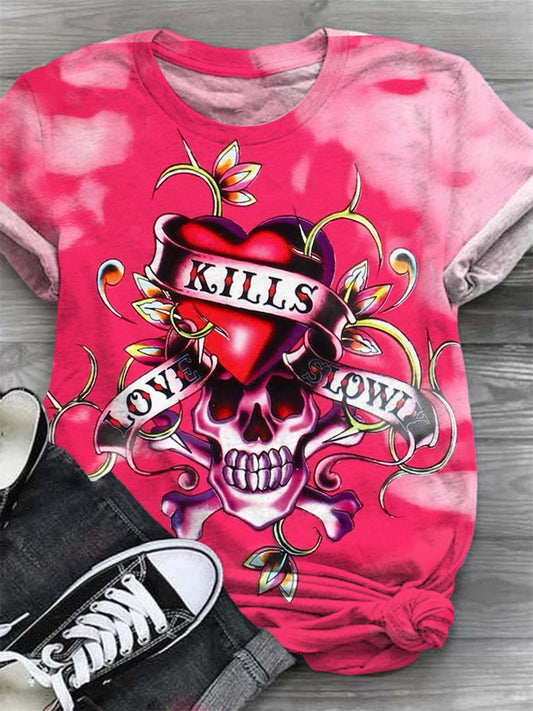 Skull Rose Print Crew Neck T-Shirt