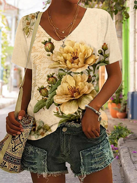 Floral V Neck Print Casual Top