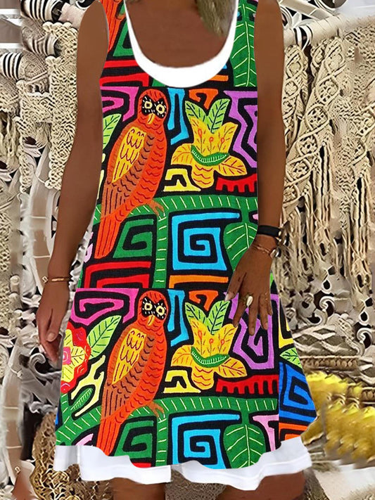 Abstract Geometry Owl Pattern Ladies False Two Dress