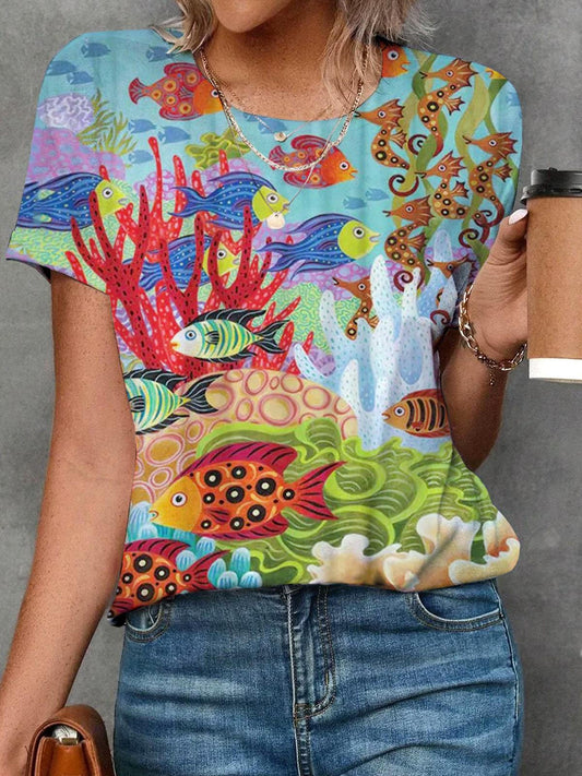 Fish Print Crew Neck T-shirt