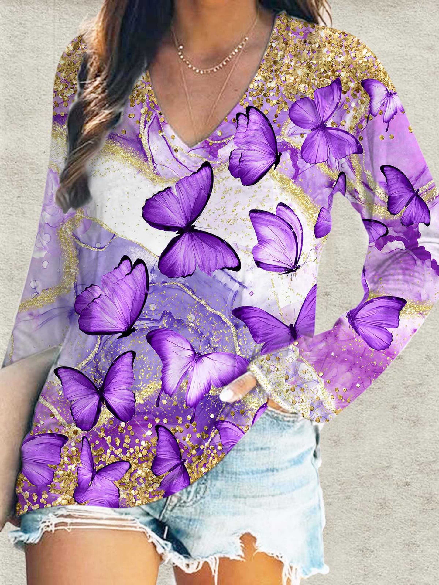 Textured Glitter Butterfly Print V-Neck Long Sleeve Top