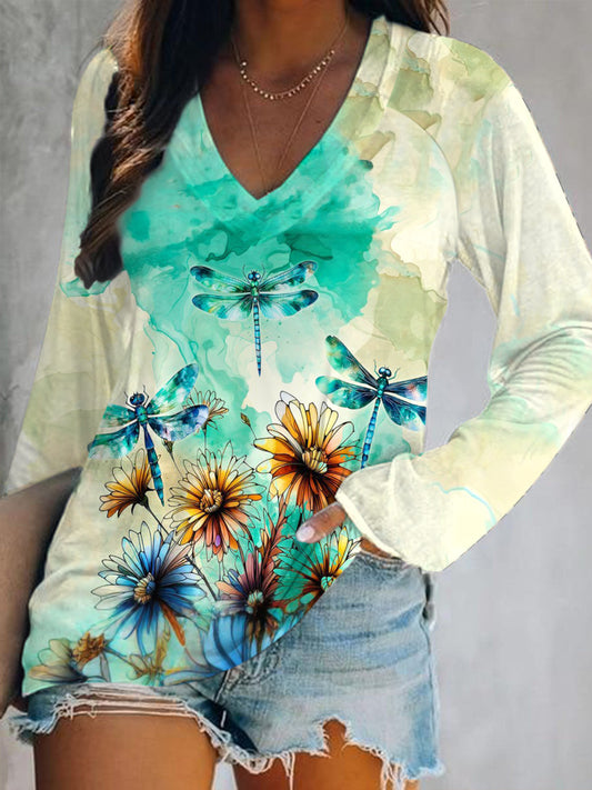 Sunflower And Dragonfly Print V-Neck Long Sleeve Top