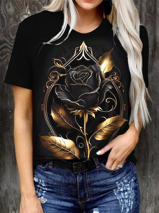 Women's Black Gold Rose Print Casual Top