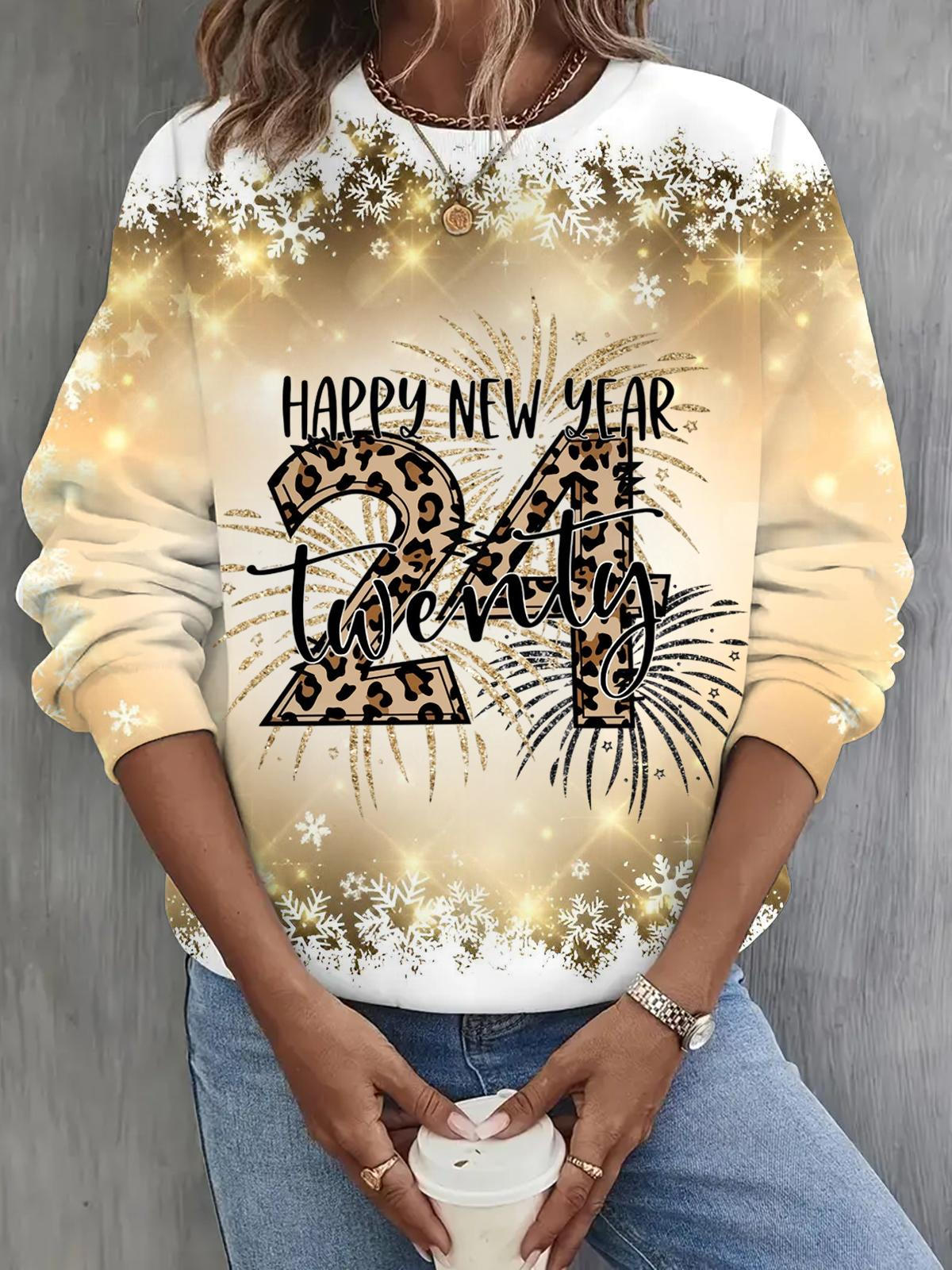 New Year Print Long Sleeve Casual Top