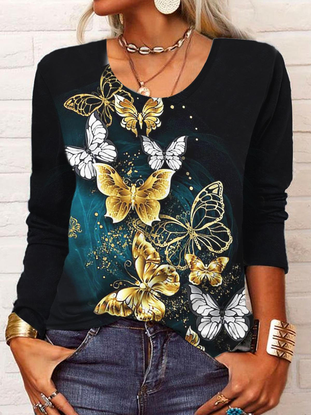 Women's Butterfly Print Round Neck Long Sleeve Top