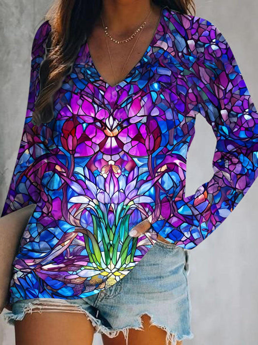 Stained Glass Lotus Print V-Neck Long Sleeve Top