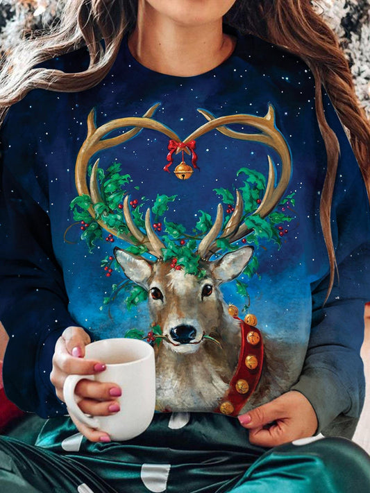 Jingle Bell Reindeer Printed Long Sleeve Casual Top