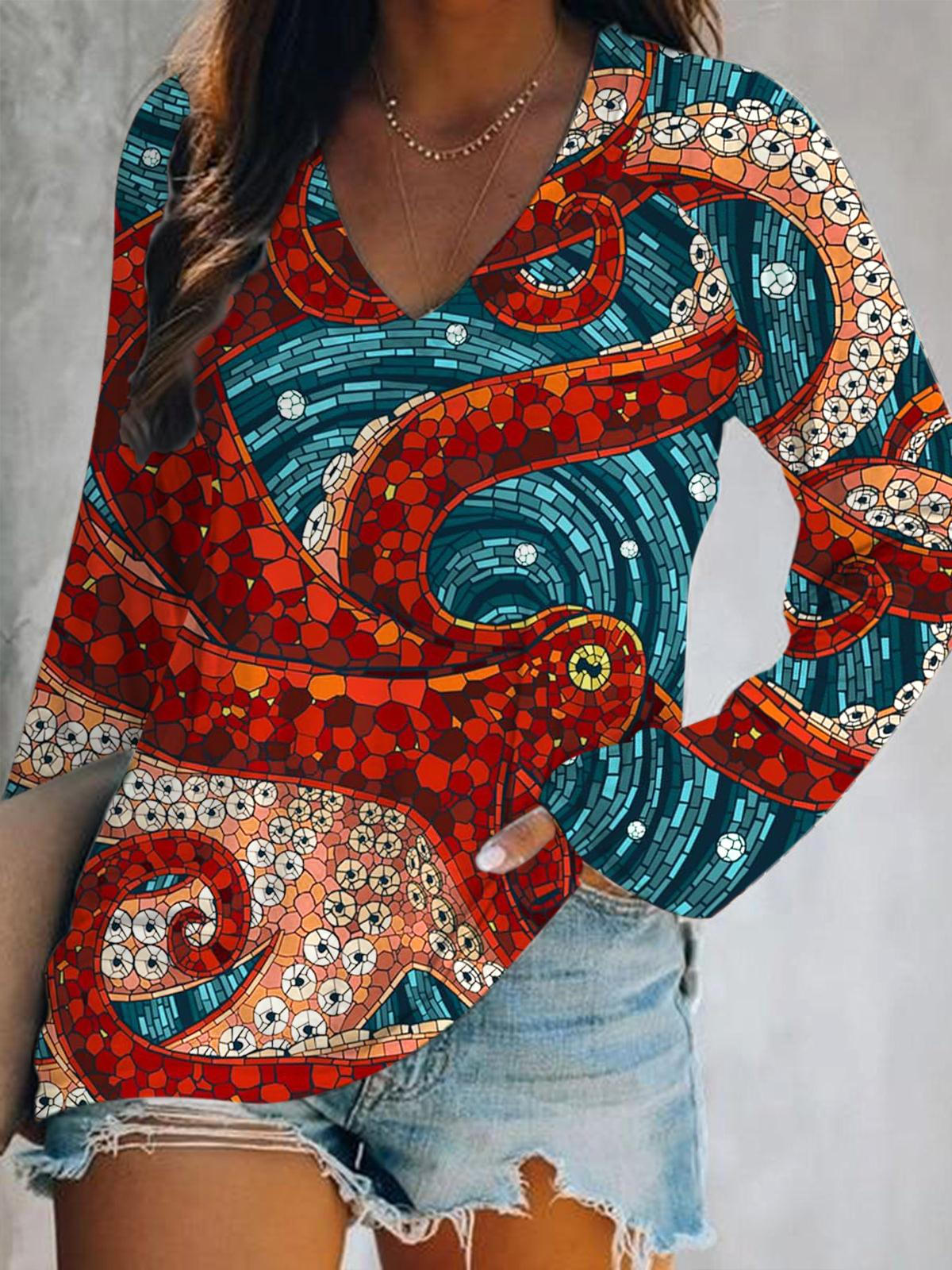 Octopus Print V-Neck Long Sleeve Top