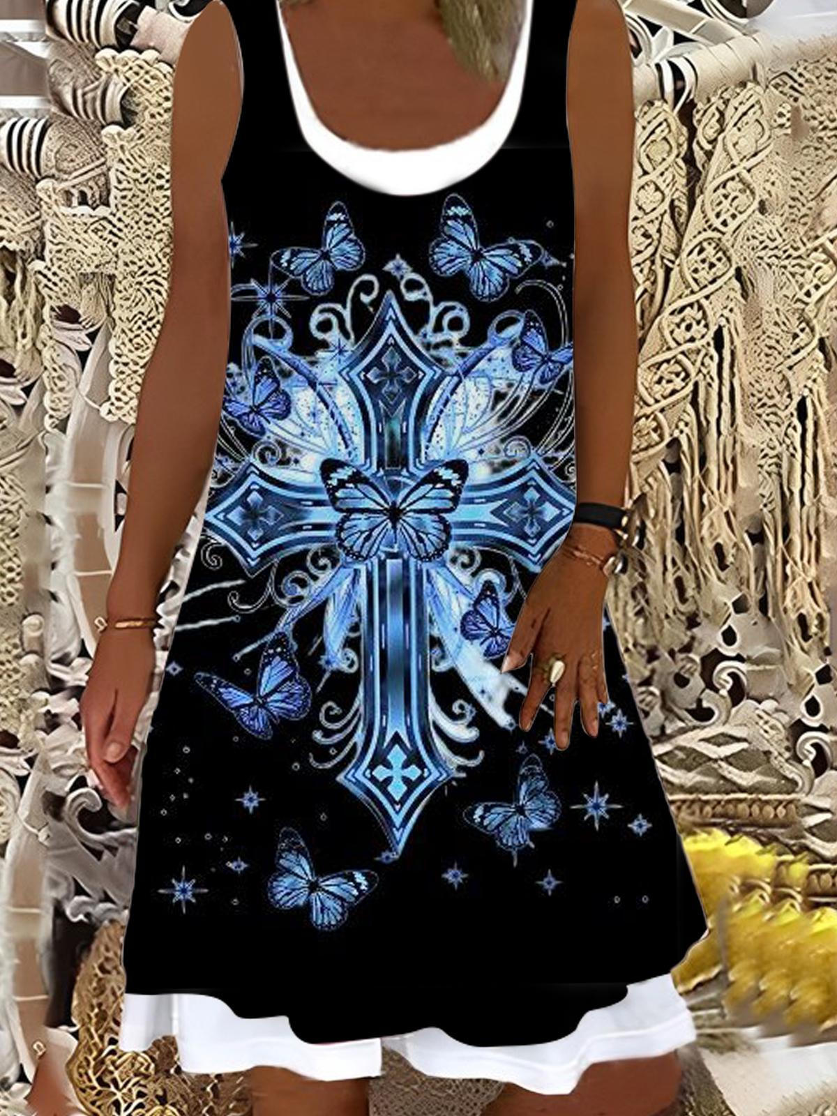 Cross Butterfly Print Ladies False Two Dress