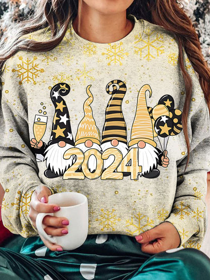 Women's New Year 2024 Gnomes Print Round Neck Long Sleeve Top