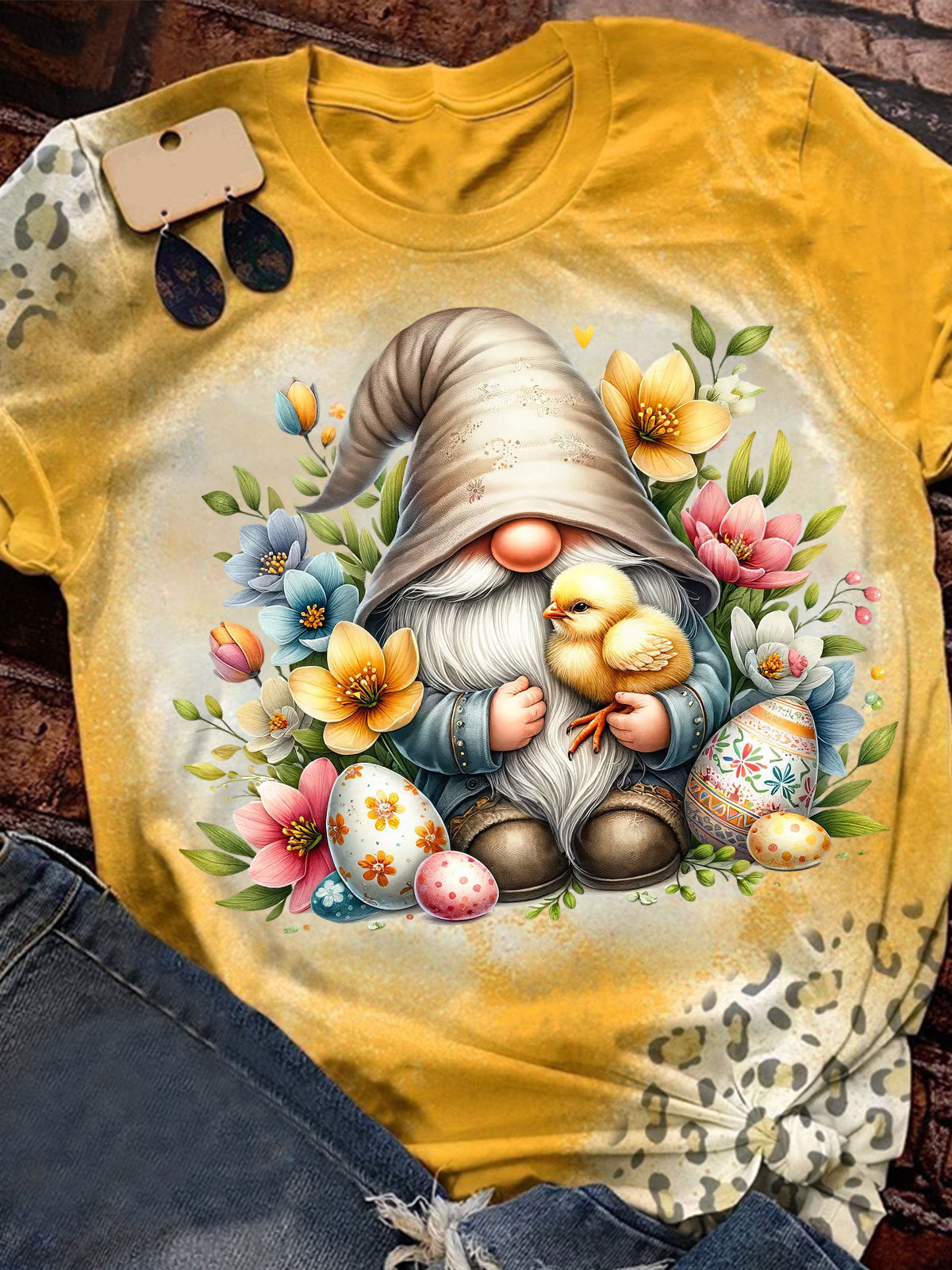 Easter Gnome Print Crew Neck T-shirt