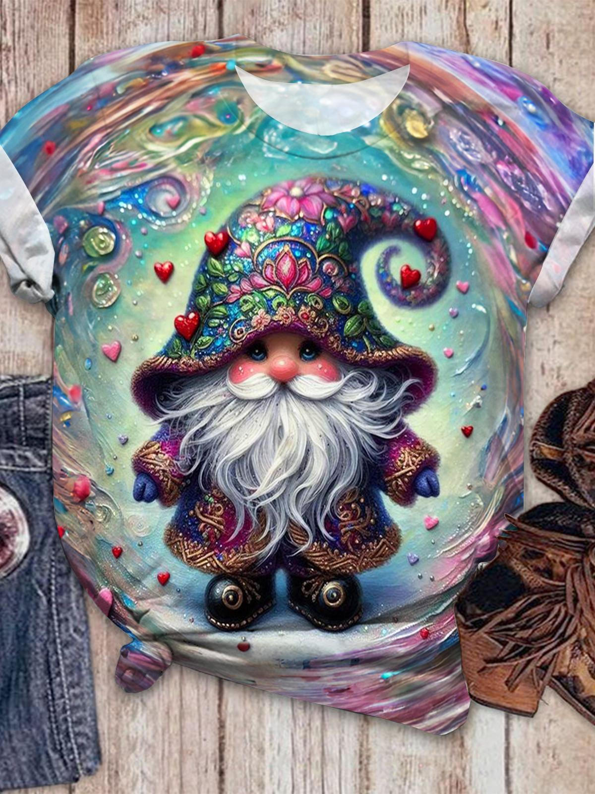 Oil Paint Floral Gnome Crew Neck T-shirt