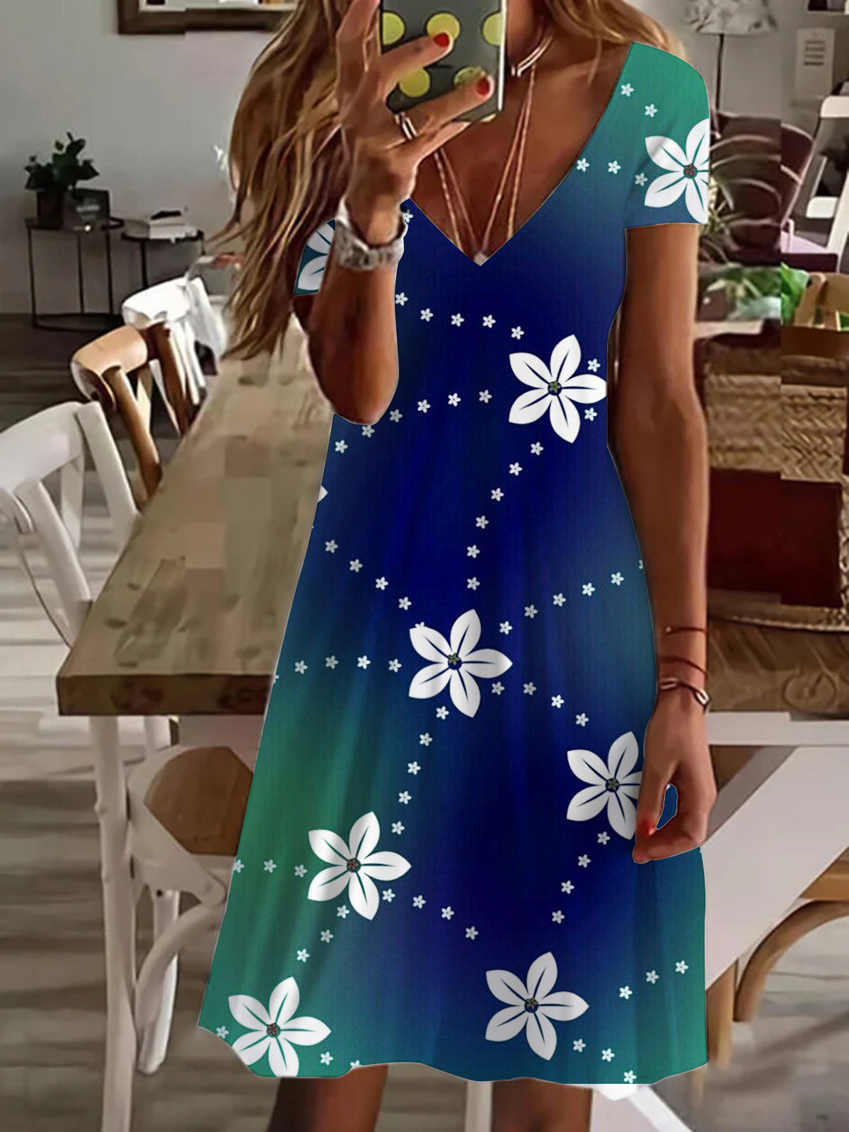 Gradient Flower V Neck Short Sleeve Dress