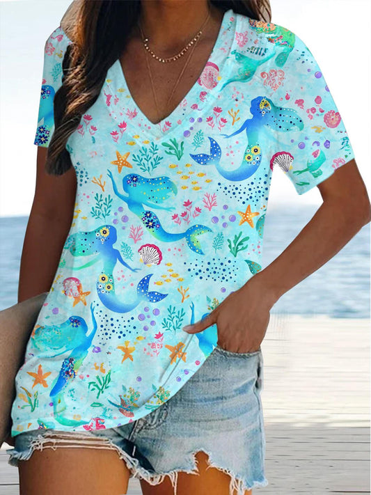 Mermaid Print Short Sleeve V Neck Print Top